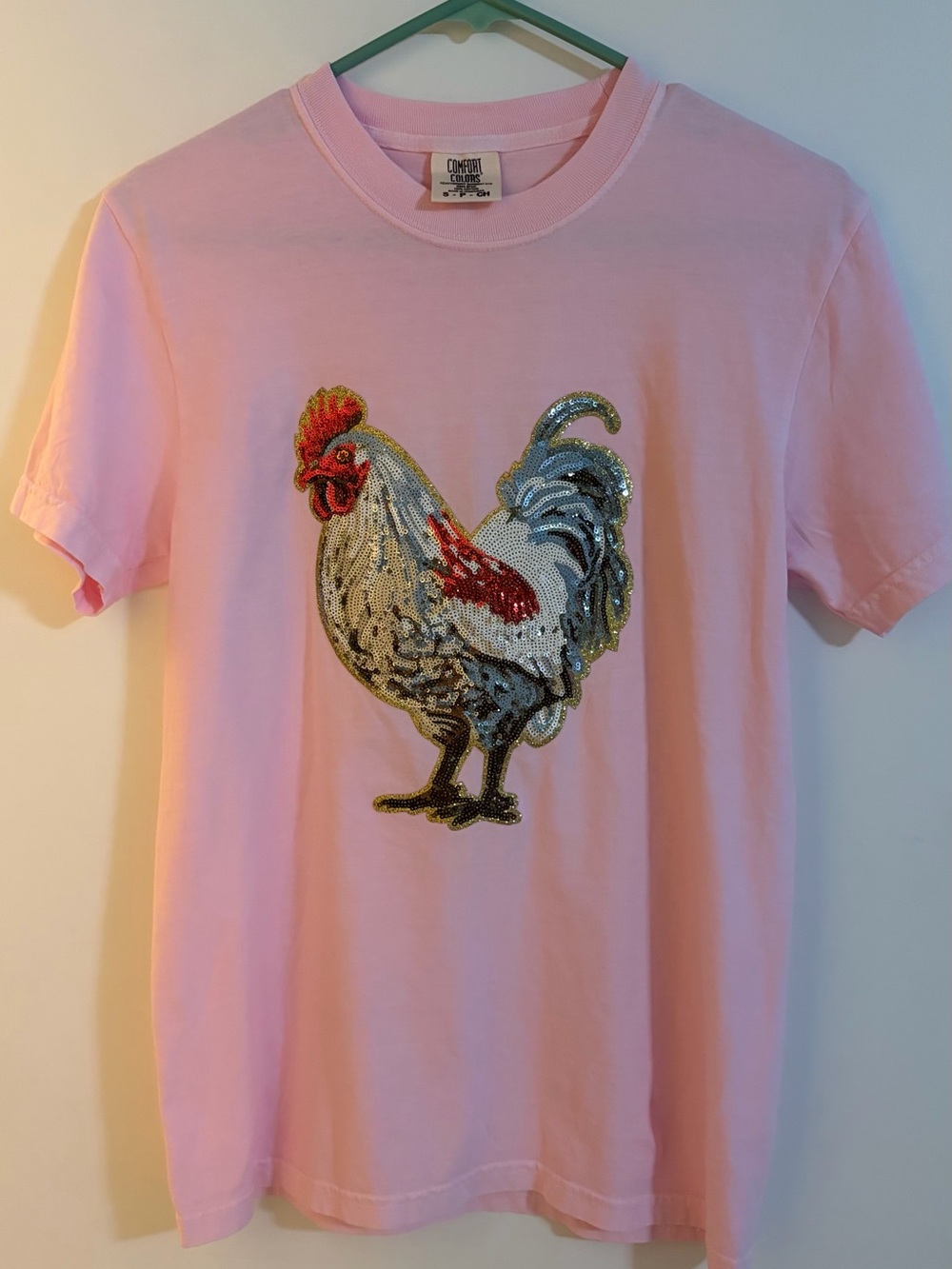 Comfort Colors Pink Short-Sleeve Tee with Sequined Rooster